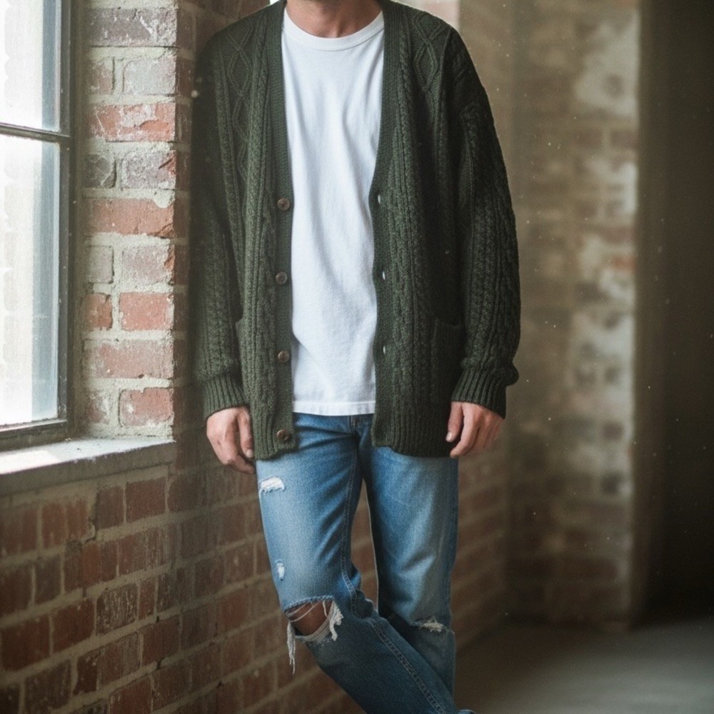 Aran Sweater Market Cardigan Sweater M Olive Green cabl wool grandpa Kurt Cobain